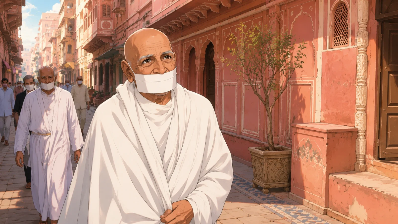 Anime-style wallpaper of Acharya Tulsi walking peacefully through historic Jaipur lanes