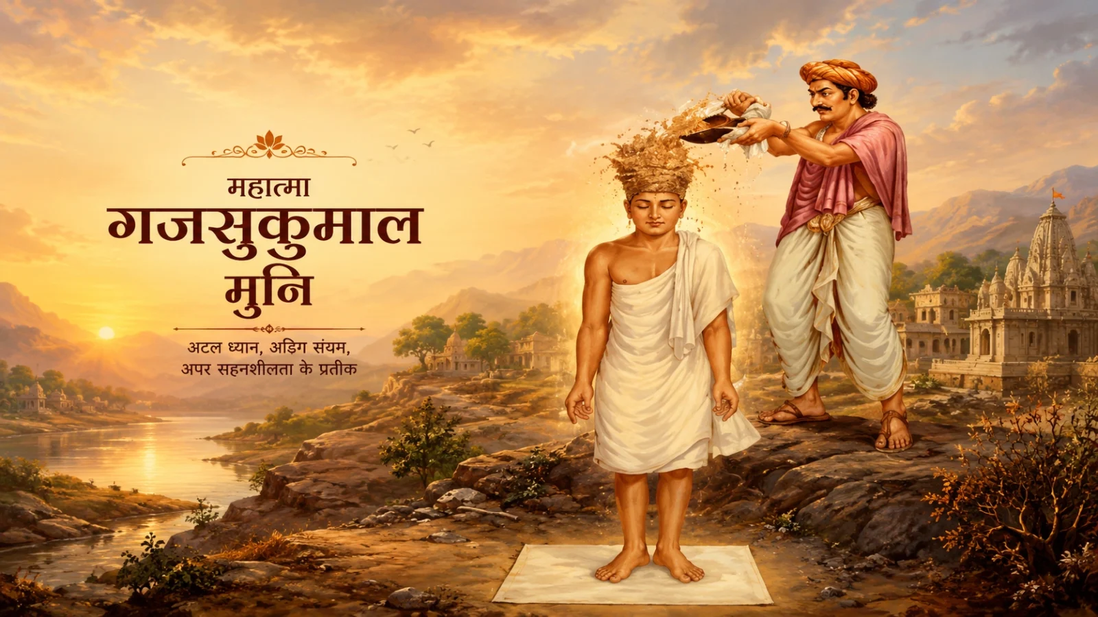 Mahatma Gajsukumal Muni standing in deep meditation while enduring a severe spiritual test