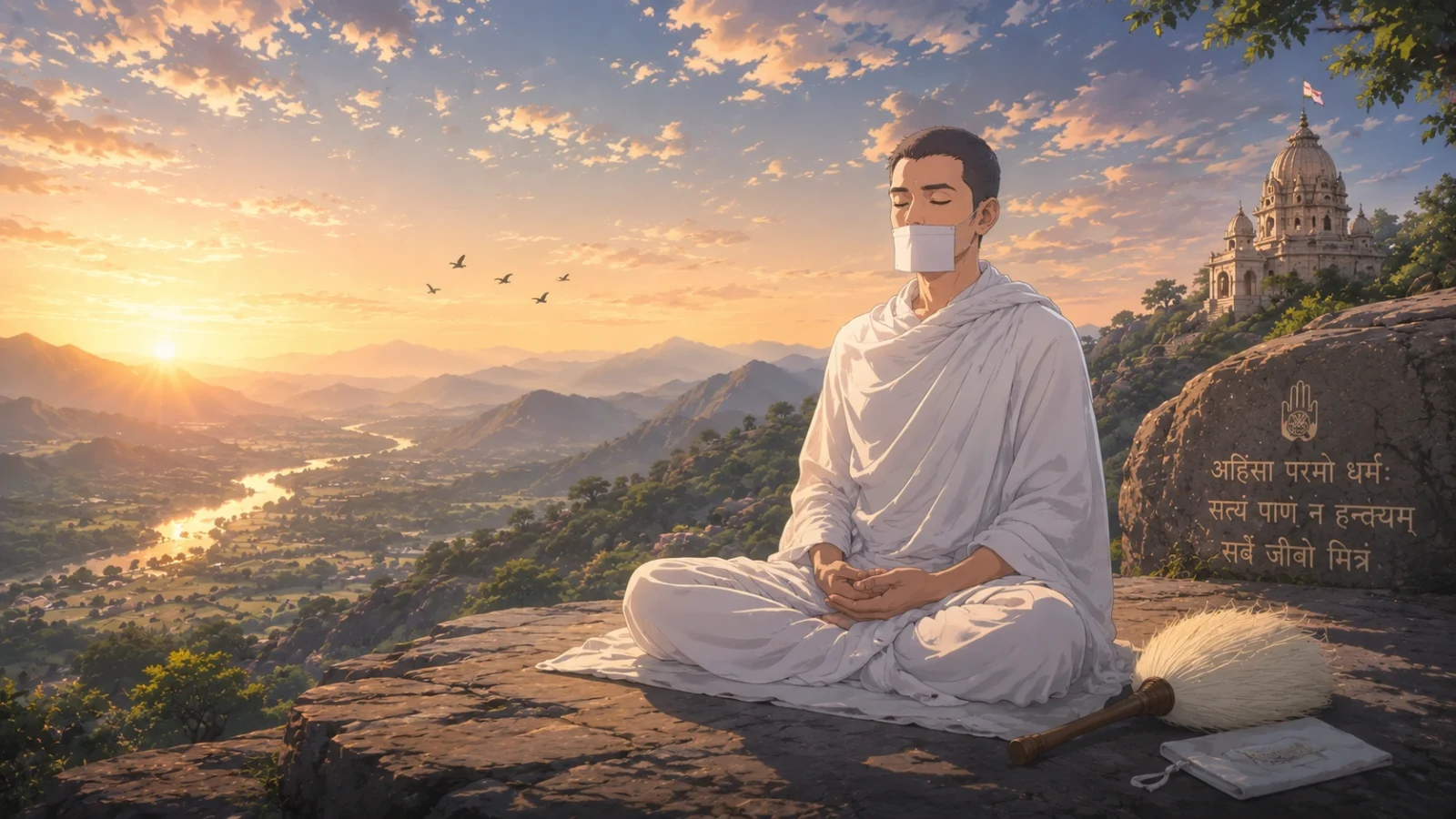 Anime-style Shwetambar Jain monk meditating at sunrise