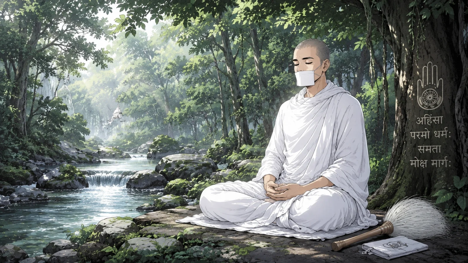 Manga Jain muni meditating beside river in dense forest landscape