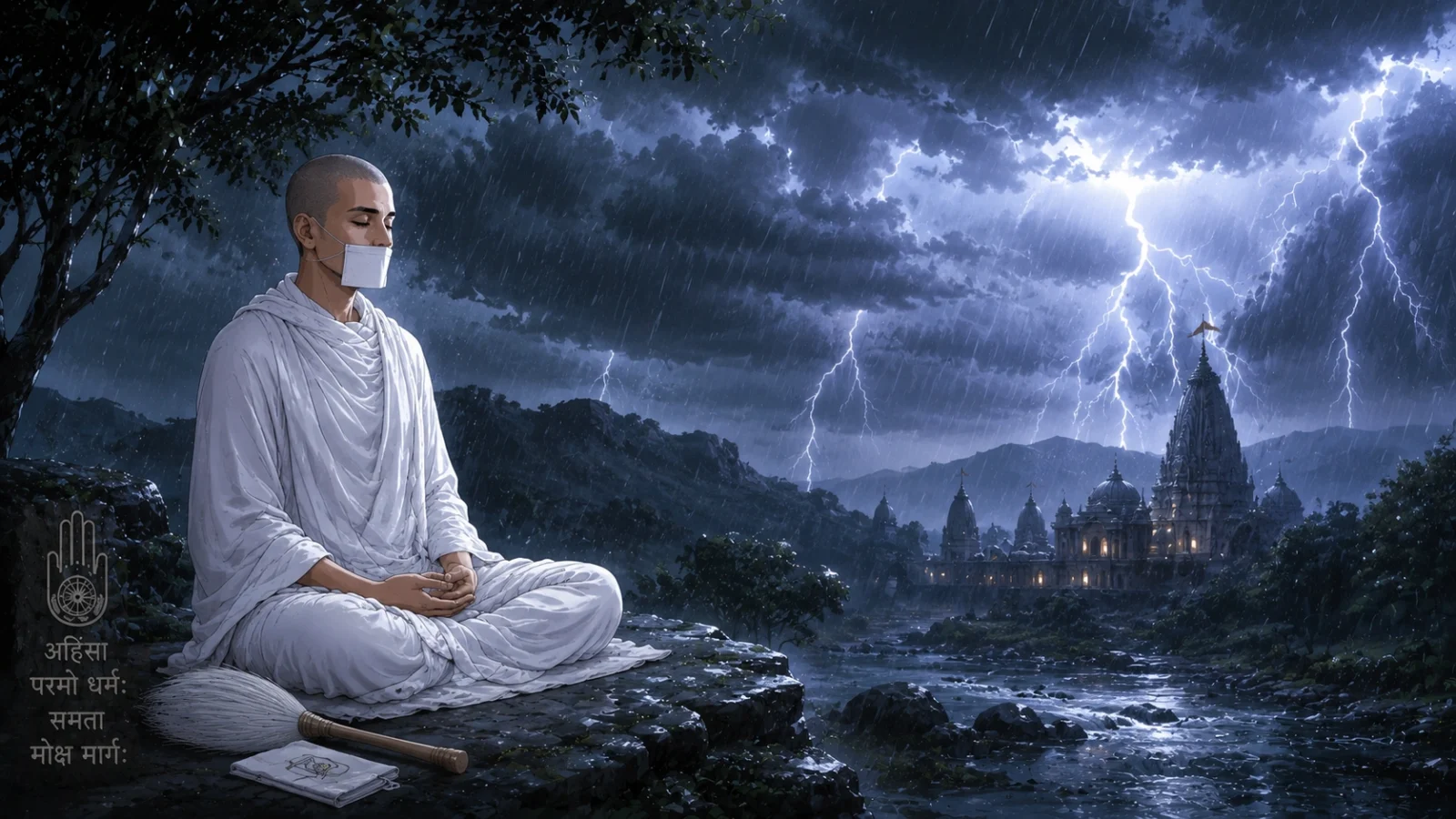 Jain muni meditating calmly during thunderstorm beside river and temple