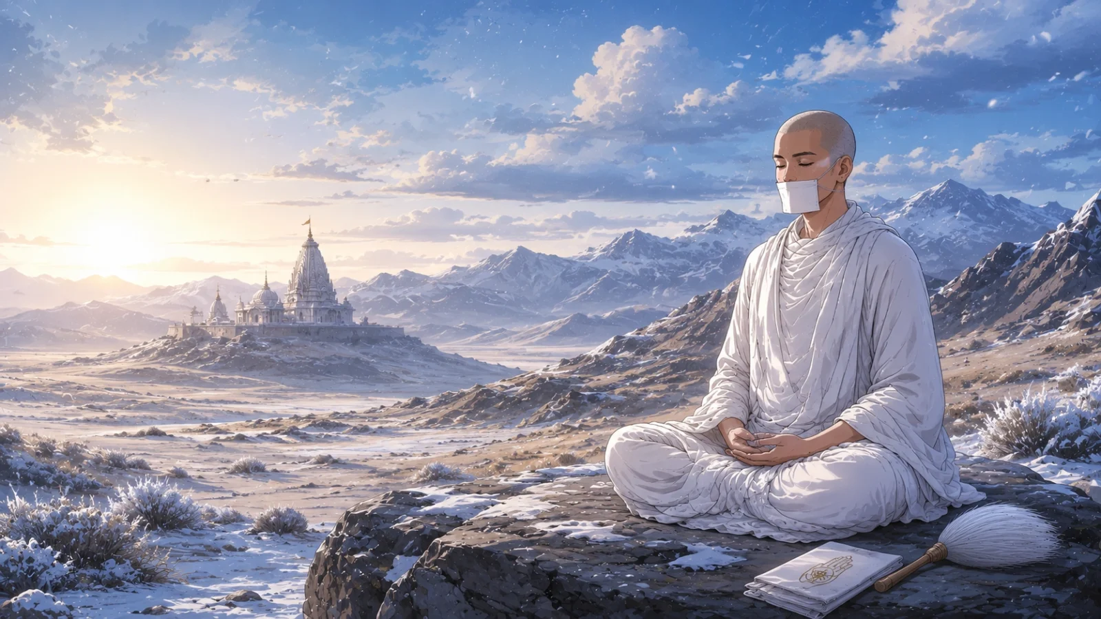 Anime Jain saint meditating in cold desert amid snowy mountains