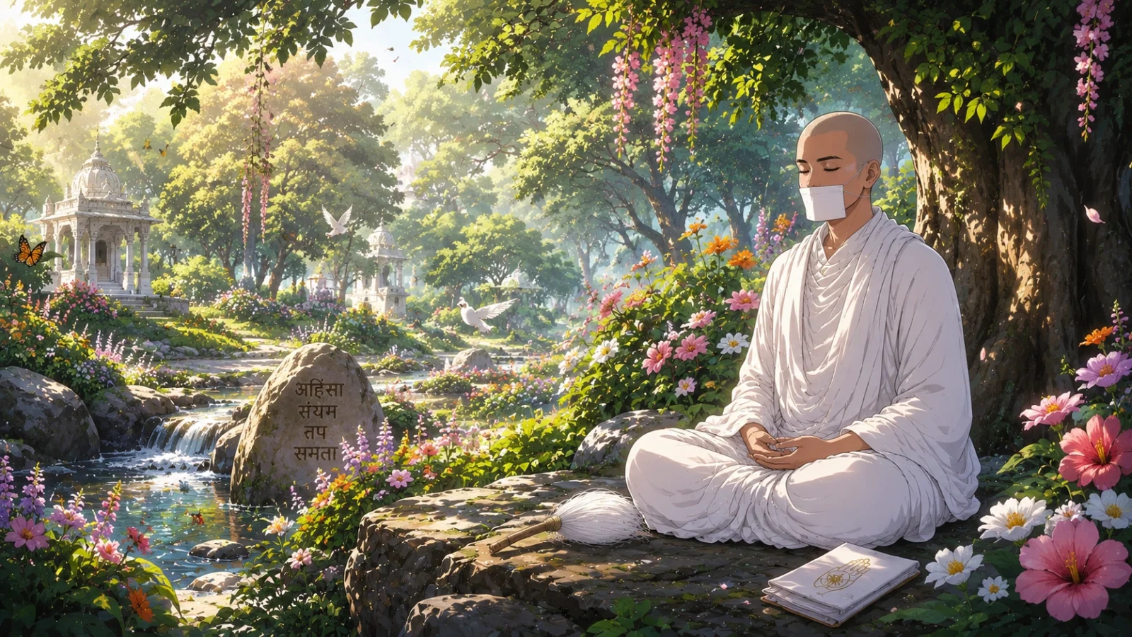 Anime Jain muni meditating among colorful flowers in serene forest