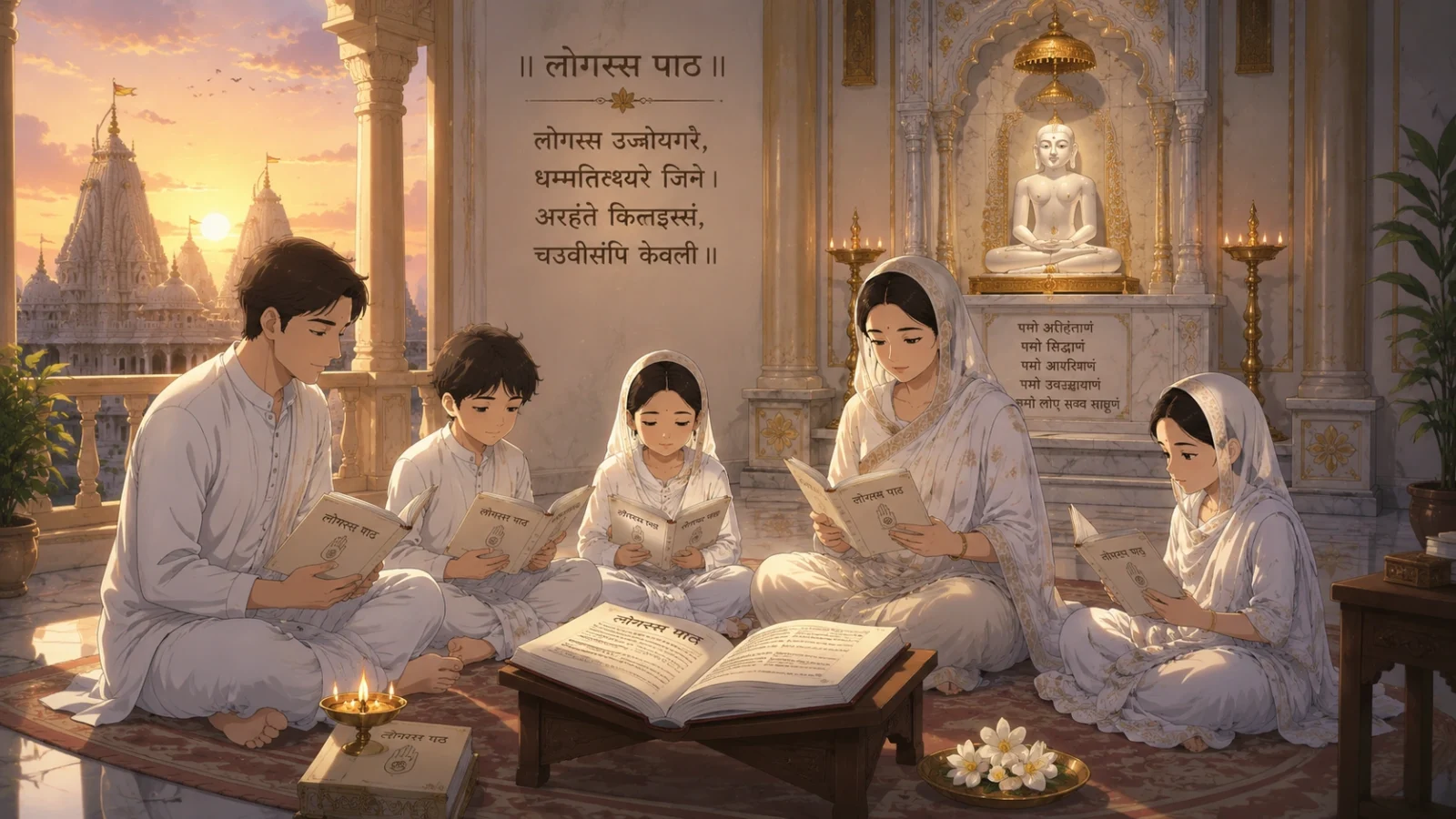 Anime Jain Family Reciting Logassa Path in Peaceful Temple