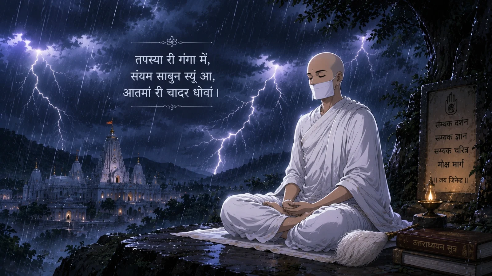 Terapanth Jain Muni Meditating Calmly During Thunderstorm Anime Wallpaper
