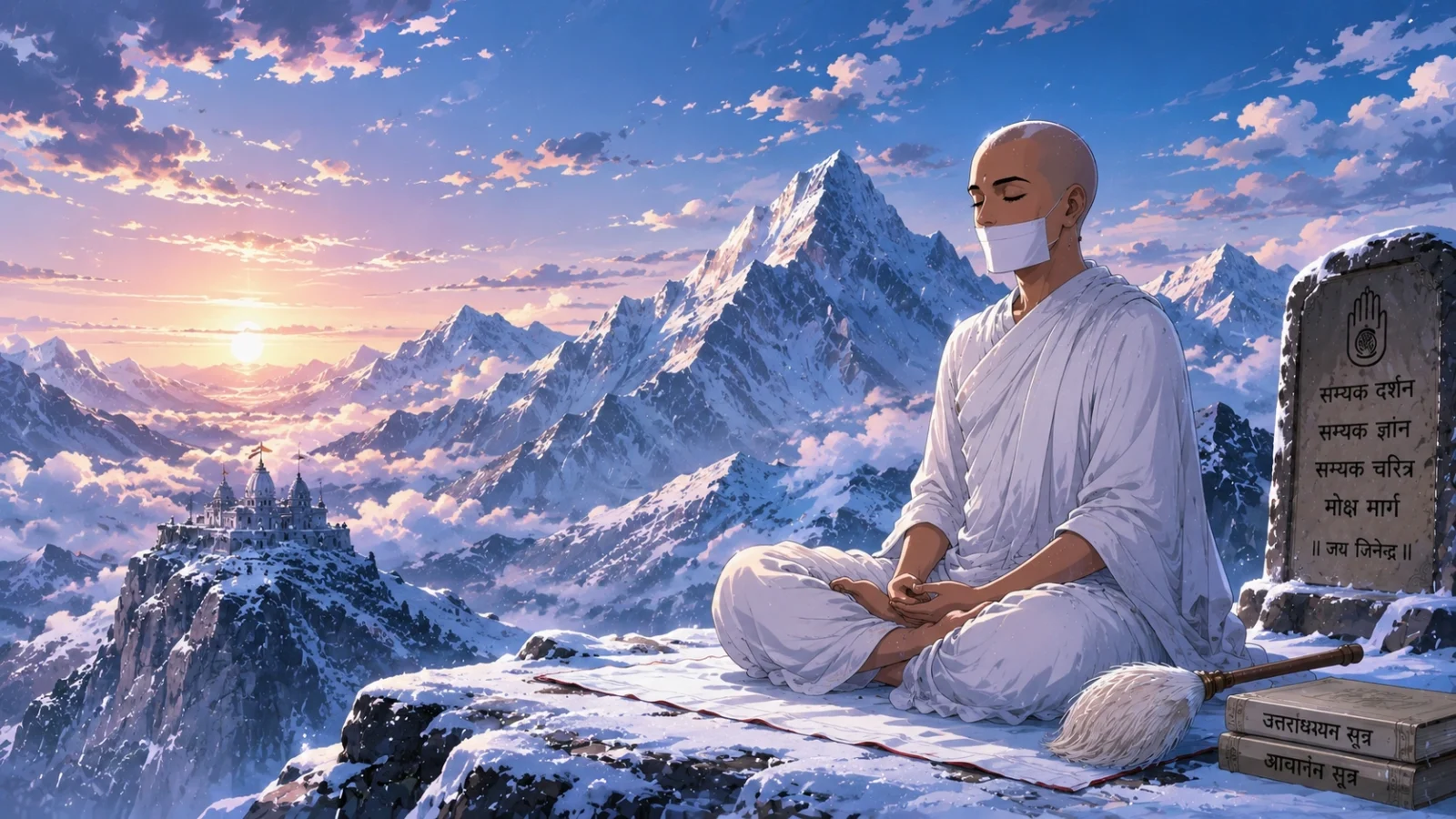 Terapanth Jain Muni Meditating on Snowy Mountains Anime Wallpaper