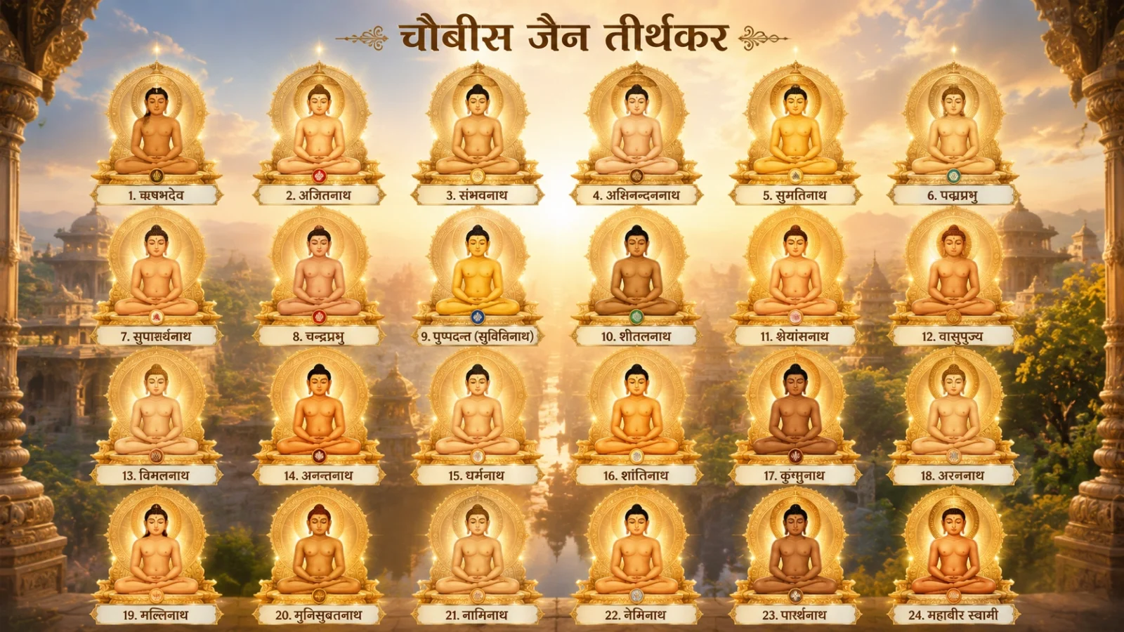 Anime-style 24 Jain Tirthankars wallpaper with divine temple background
