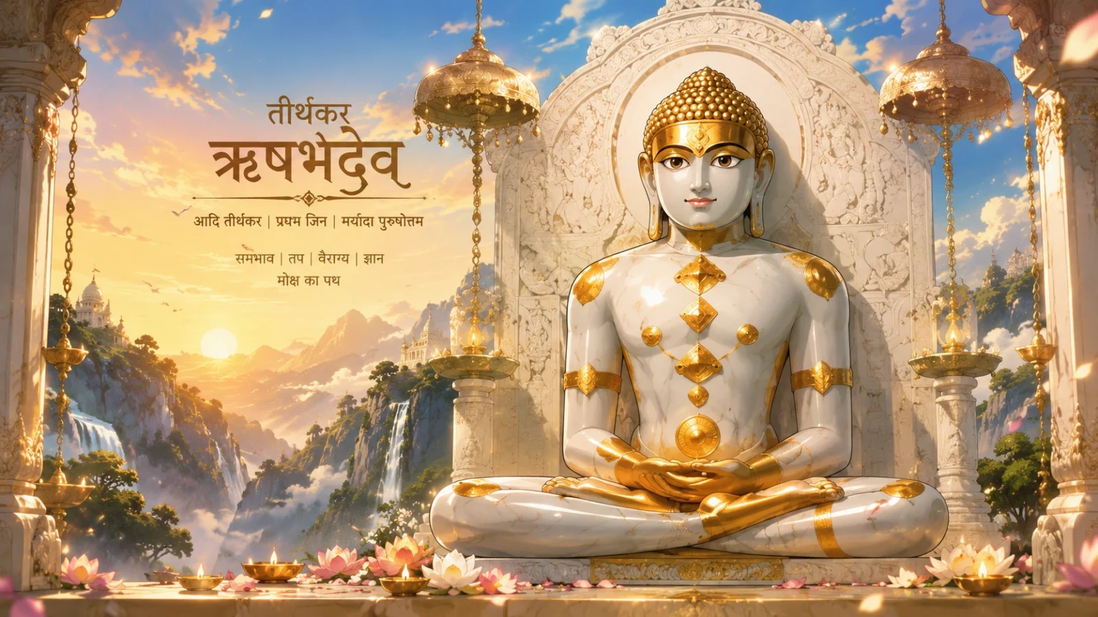 Anime wallpaper of Tirthankar Rishabhdev meditating in divine temple landscape