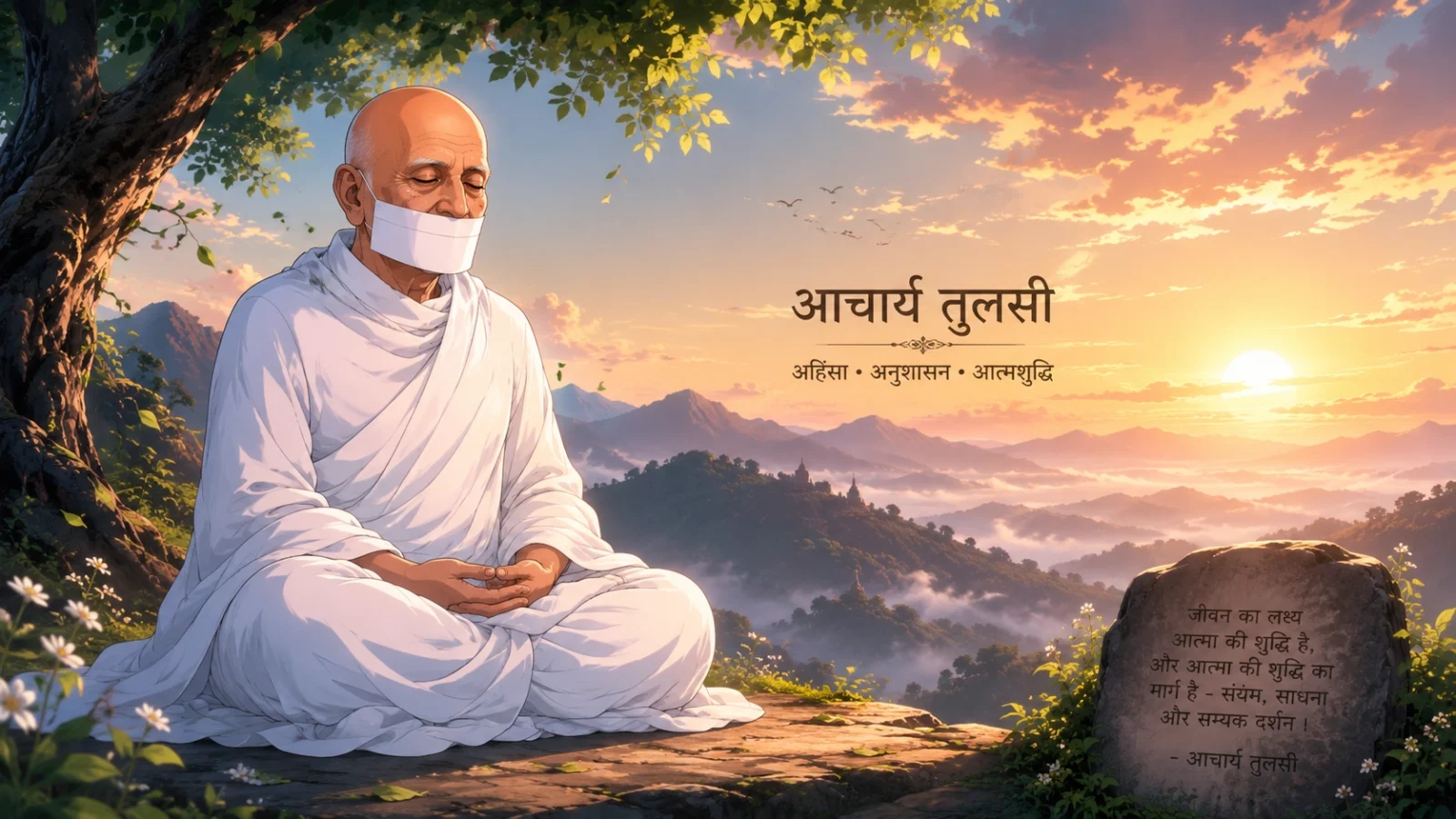 Acharya Tulsi meditation anime wallpaper with serene spiritual mountain sunrise