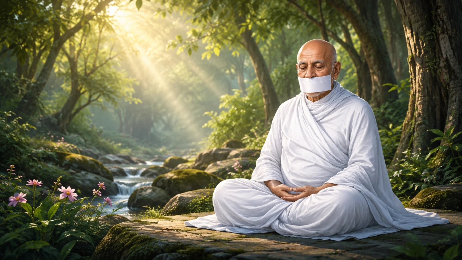 Acharya Tulsi meditating peacefully in lush forest with serene stream