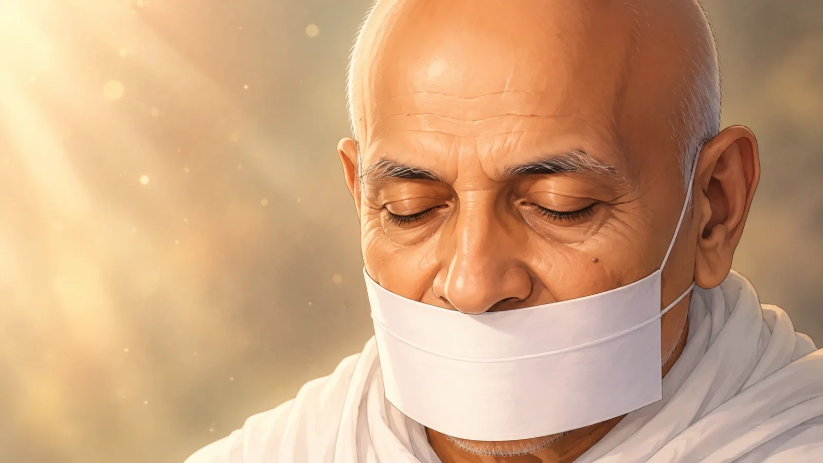 Acharya Tulsi close-up meditation anime wallpaper with peaceful spiritual aura