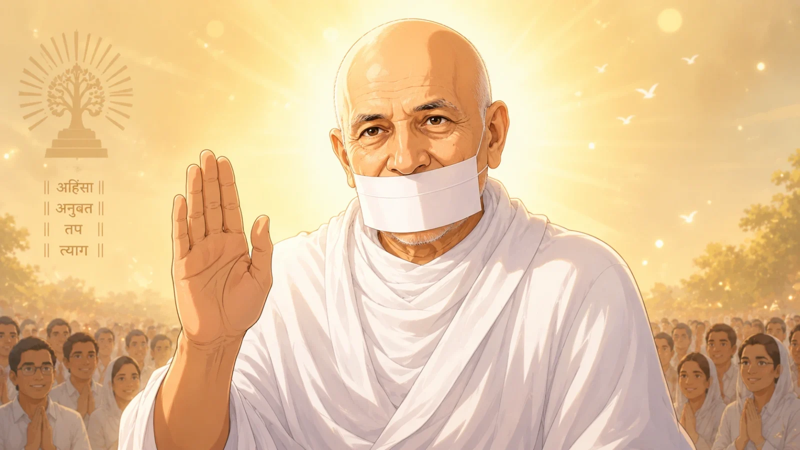 Acharya Tulsi giving blessings anime wallpaper with divine spiritual aura