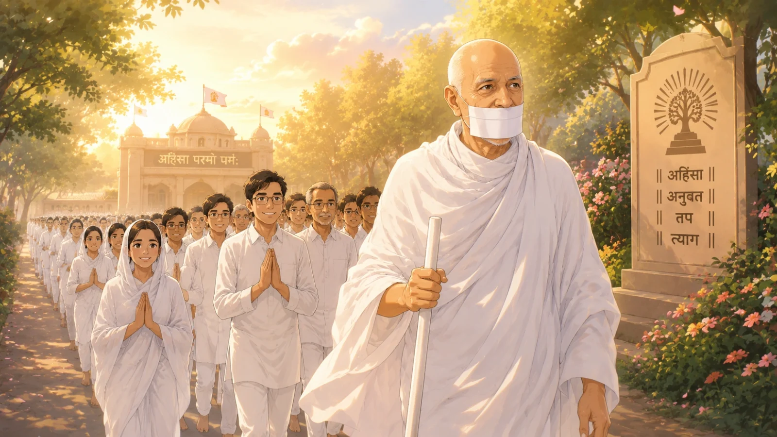 Acharya Tulsi leading devotees on spiritual journey anime wallpaper