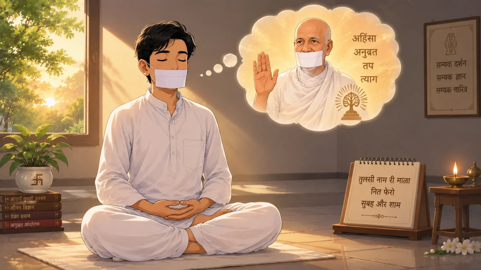 Jain Shravak performing Samayik remembering Acharya Tulsi
