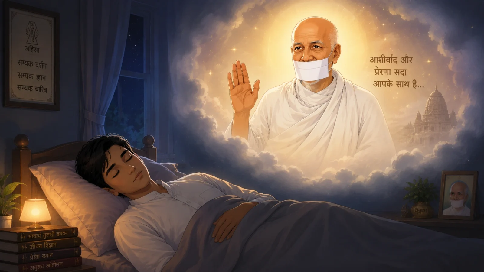 Acharya Tulsi blessing sleeping Jain devotee through divine dream vision