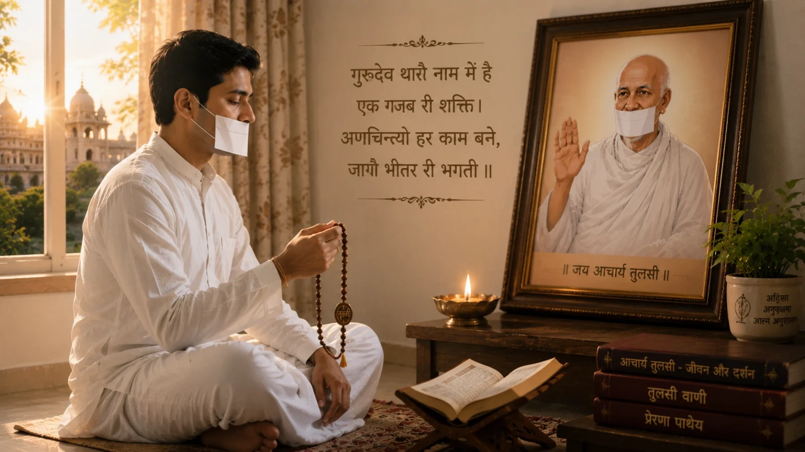 Jain Shravak with mupatti chanting Acharya Tulsi naam mala