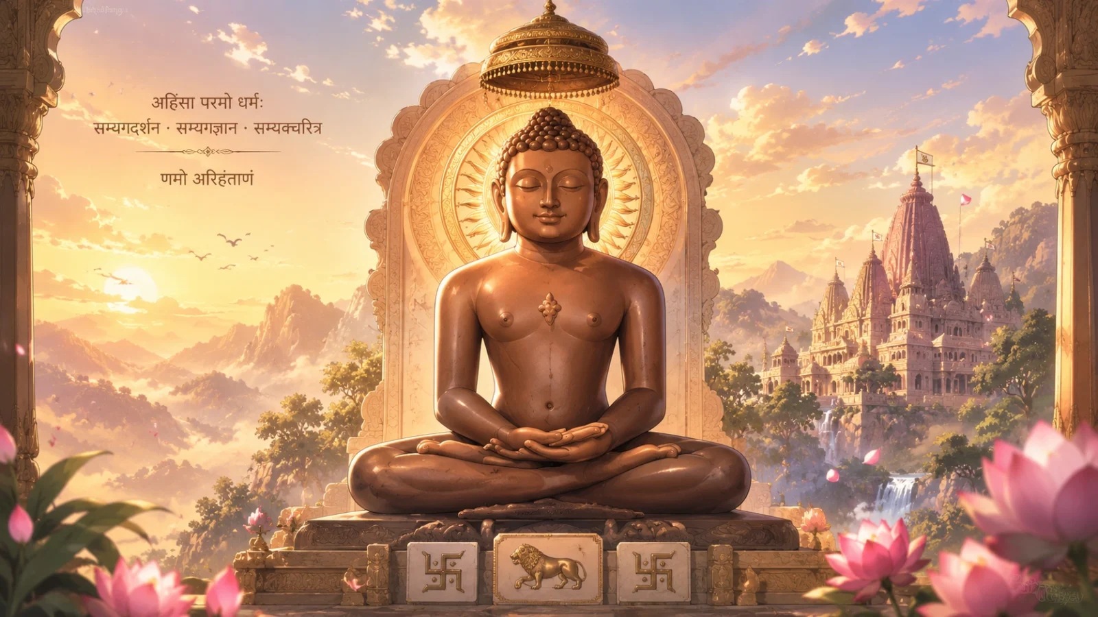 Jain Tirthankar anime wallpaper with serene meditation and golden temple