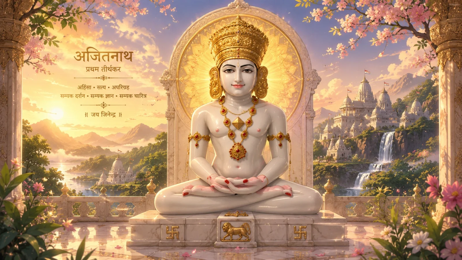 Ajitnath Tirthankar anime wallpaper with golden temple and serene landscape