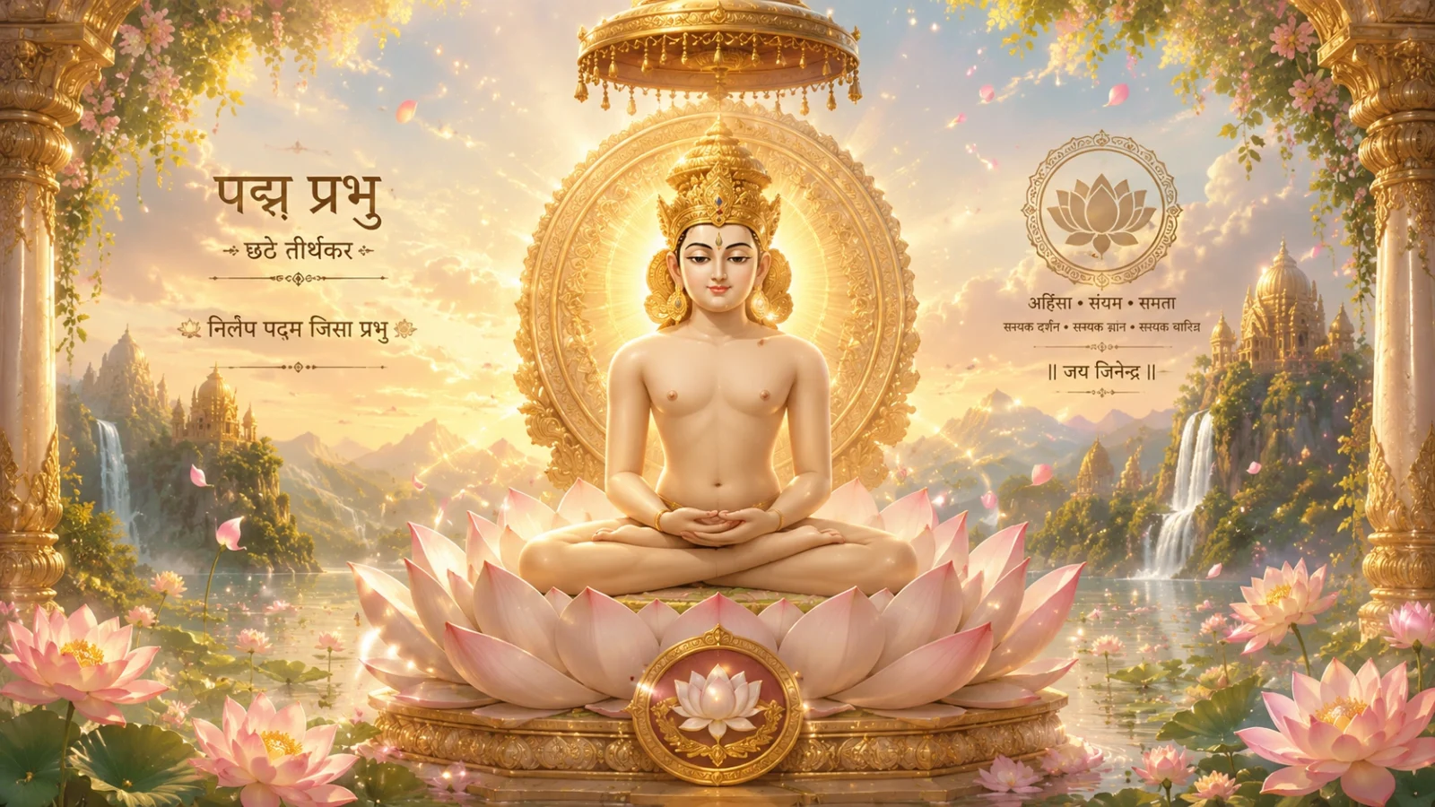 Padmaprabhu Tirthankar anime wallpaper with lotus symbol and temple