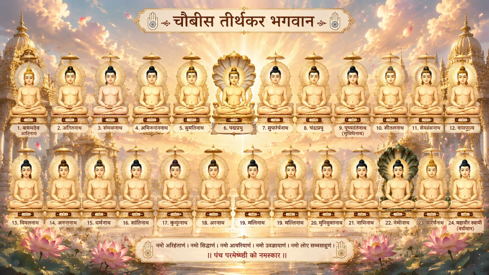 24 Jain Tirthankars anime wallpaper with golden temple background