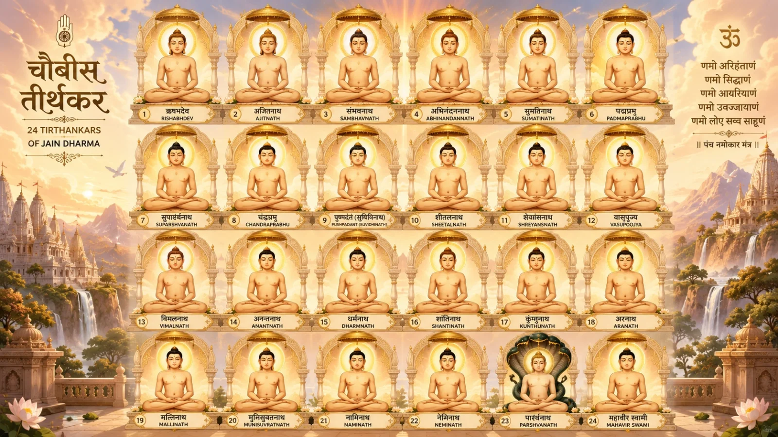 Anime-style wallpaper featuring all 24 Jain Tirthankars in divine meditation