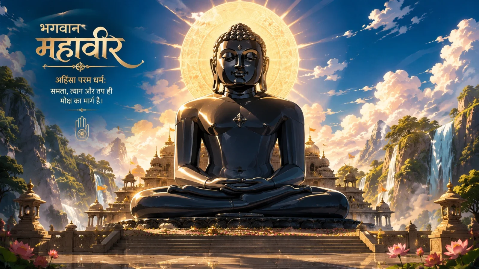Anime-style grand Jain Tirthankar Mahavir statue with divine background