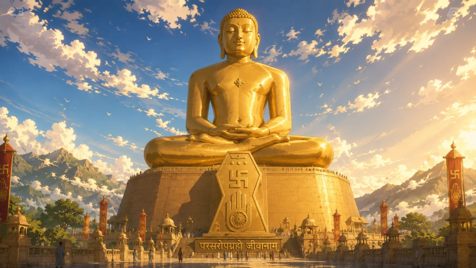 Lord Mahavir delivering teachings of nonviolence, truth, and compassion.