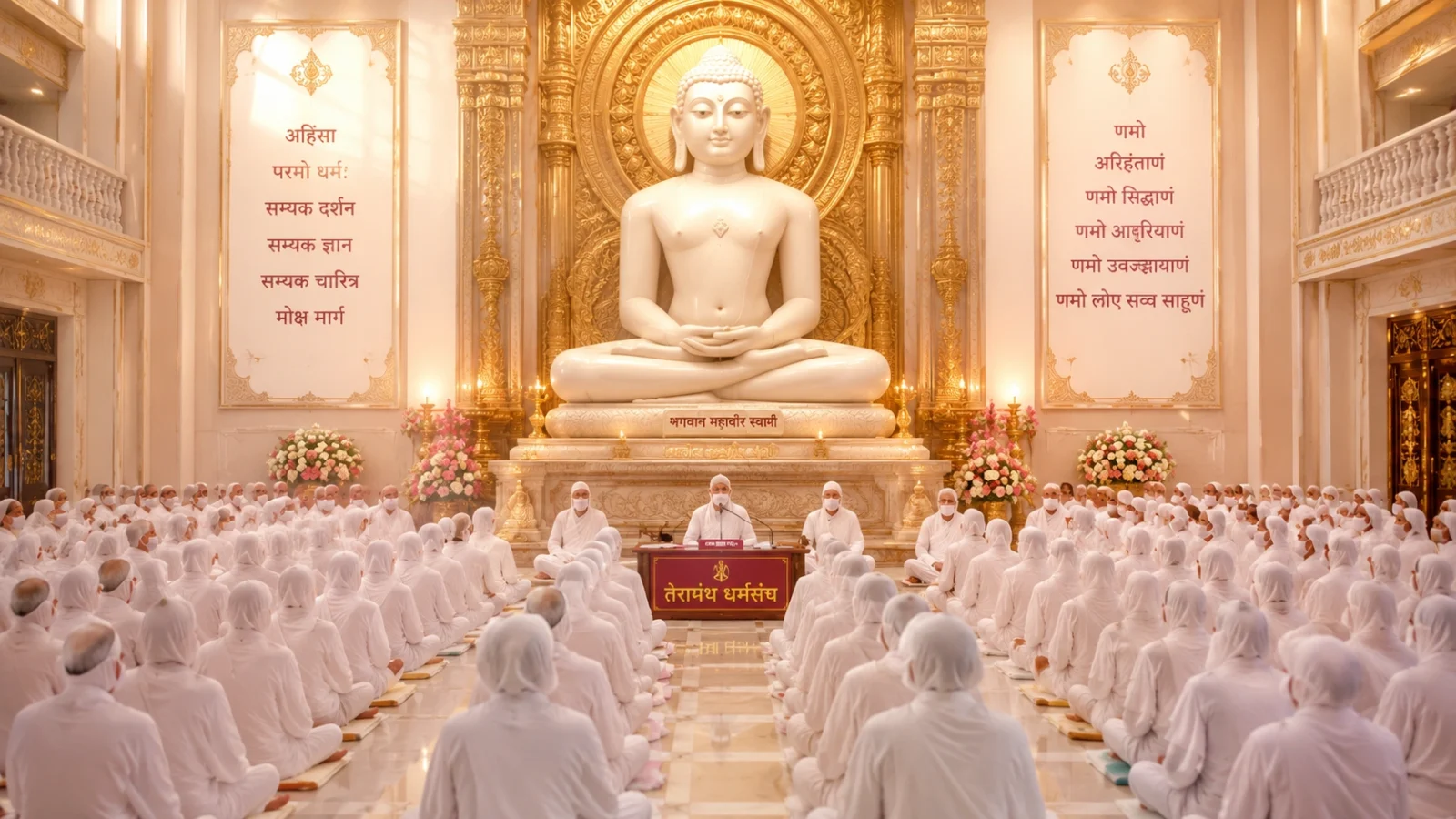 Lord Mahavir statue before gathered Terapanth Jain saints in meditation
