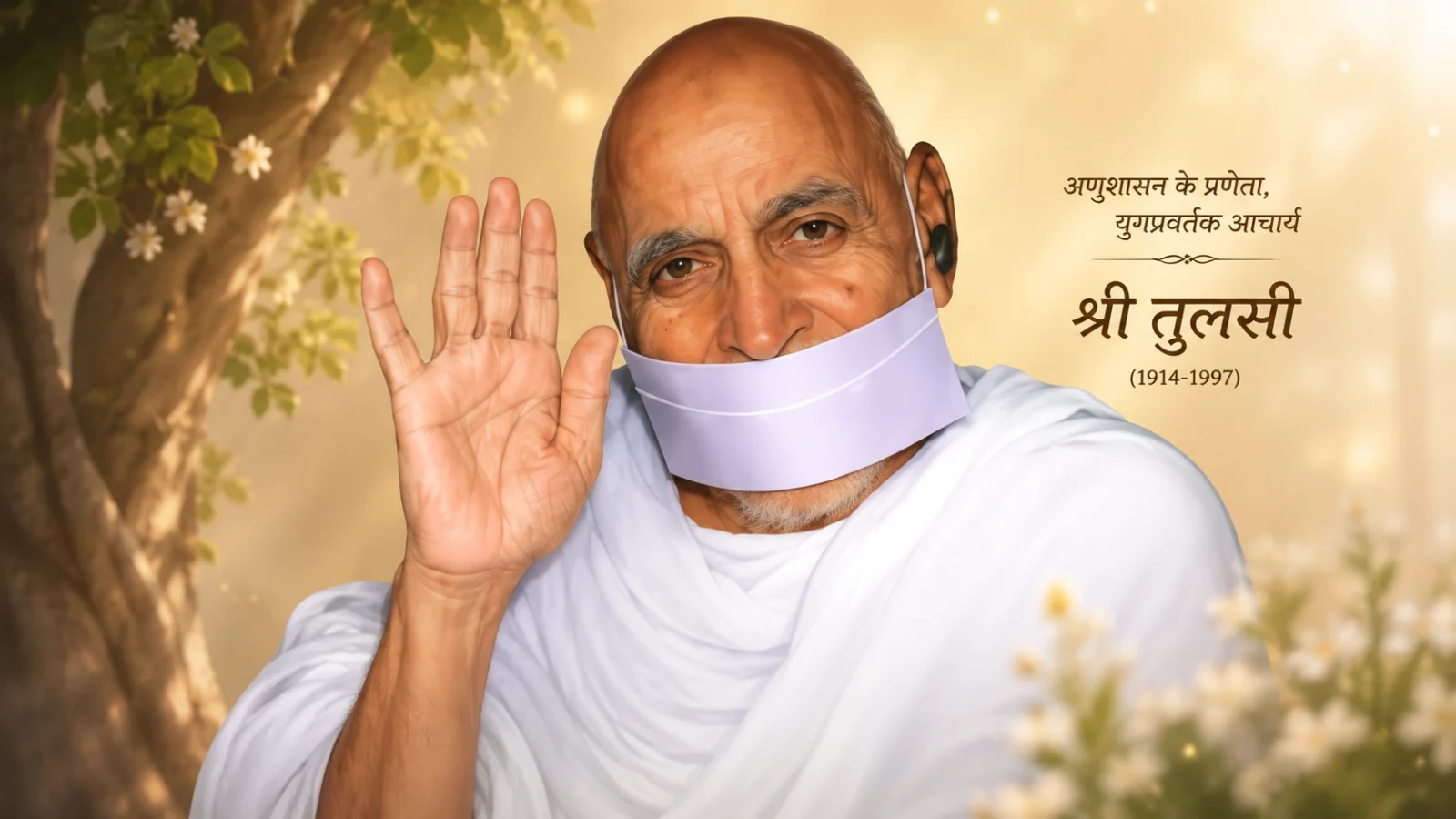 Acharya Tulsi anime wallpaper with blessing pose and spiritual aura
