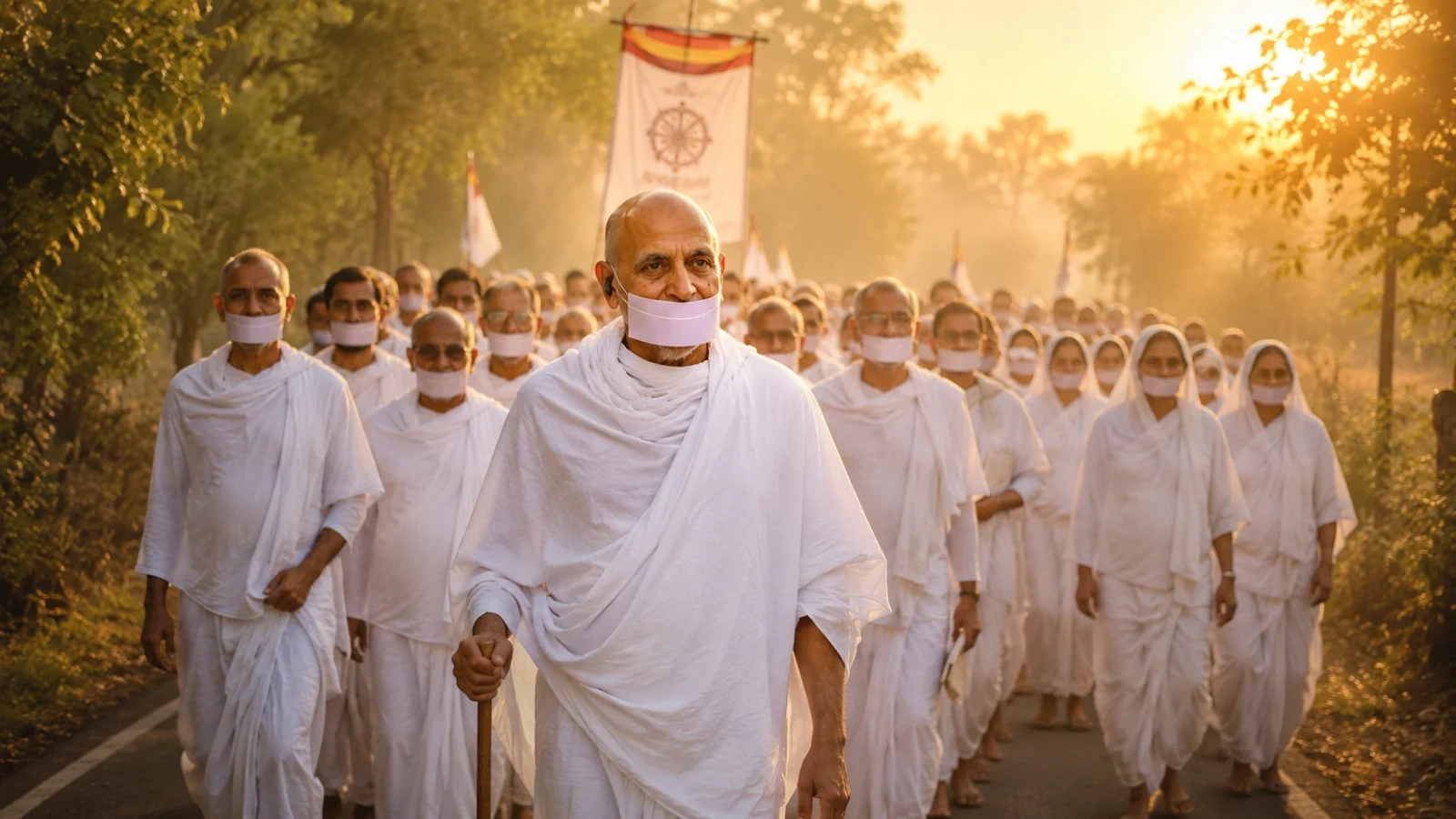 Acharya Tulsi walking with followers during peaceful Jain spiritual journey