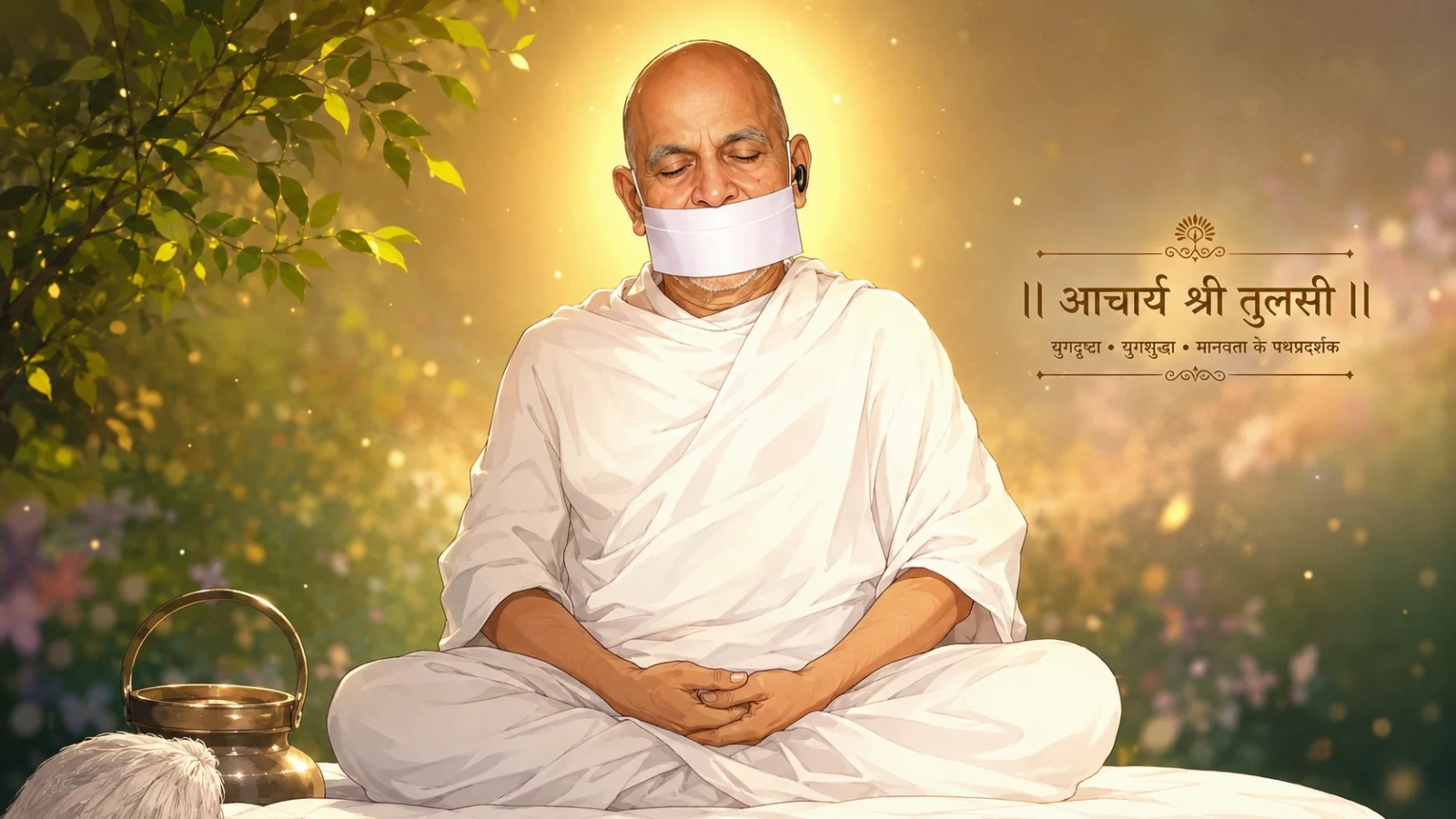Acharya Tulsi meditation anime wallpaper with serene spiritual aura