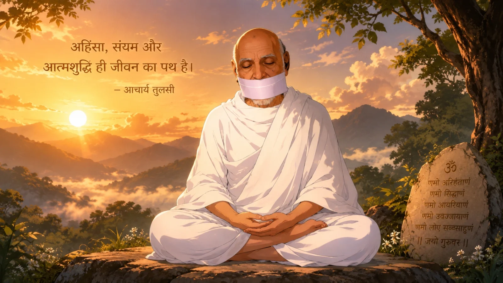 Acharya Tulsi meditating peacefully in anime style spiritual 16:9 wallpaper.
