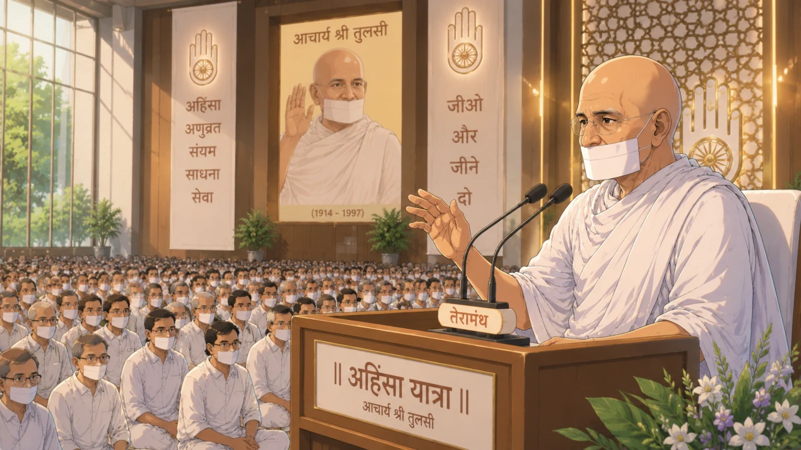 Acharya Tulsi delivering spiritual discourse in Terapanth Bhawan