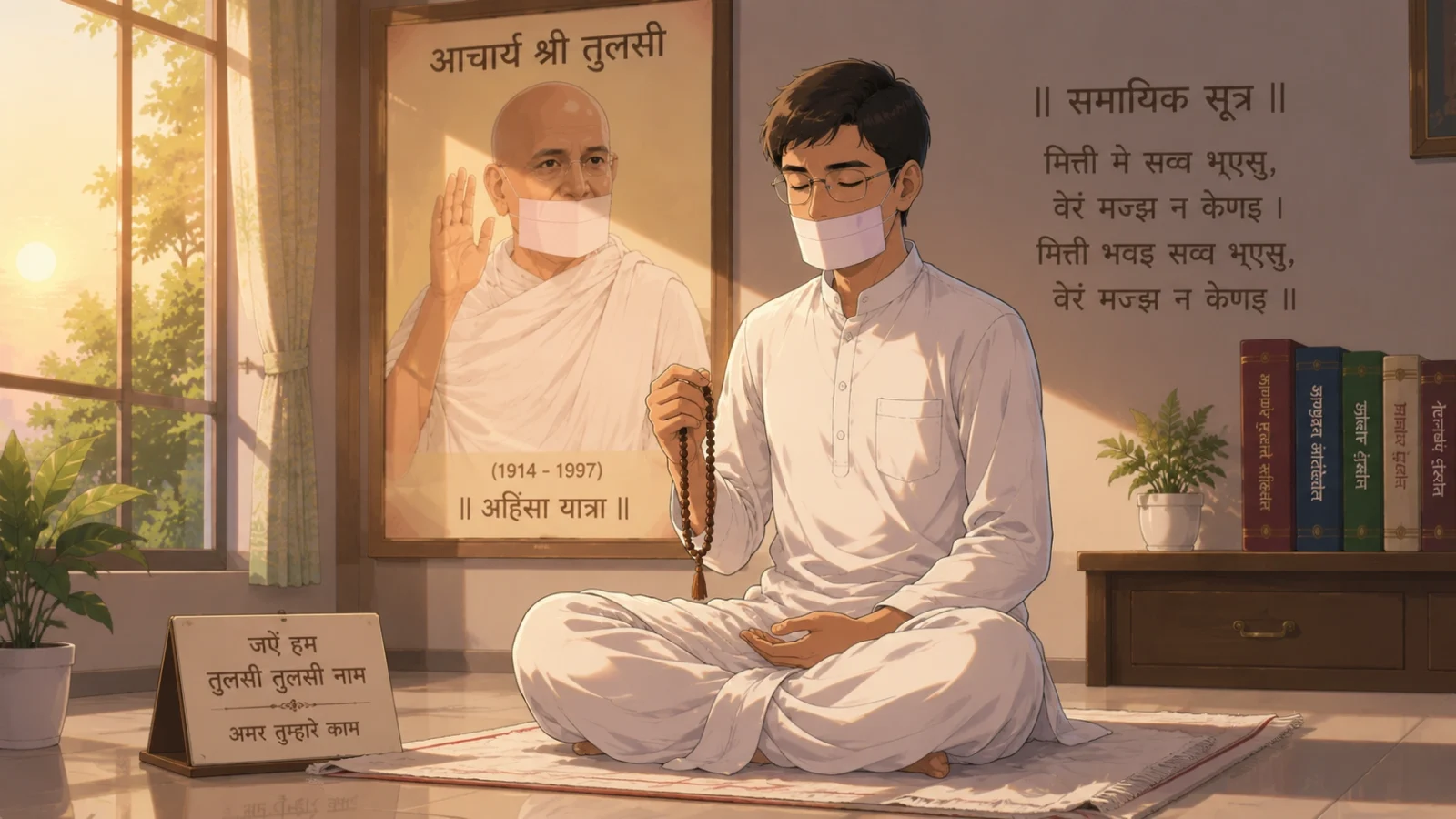 Terapanth Jain shravak doing mala jap of Acharya Tulsi in Samayik