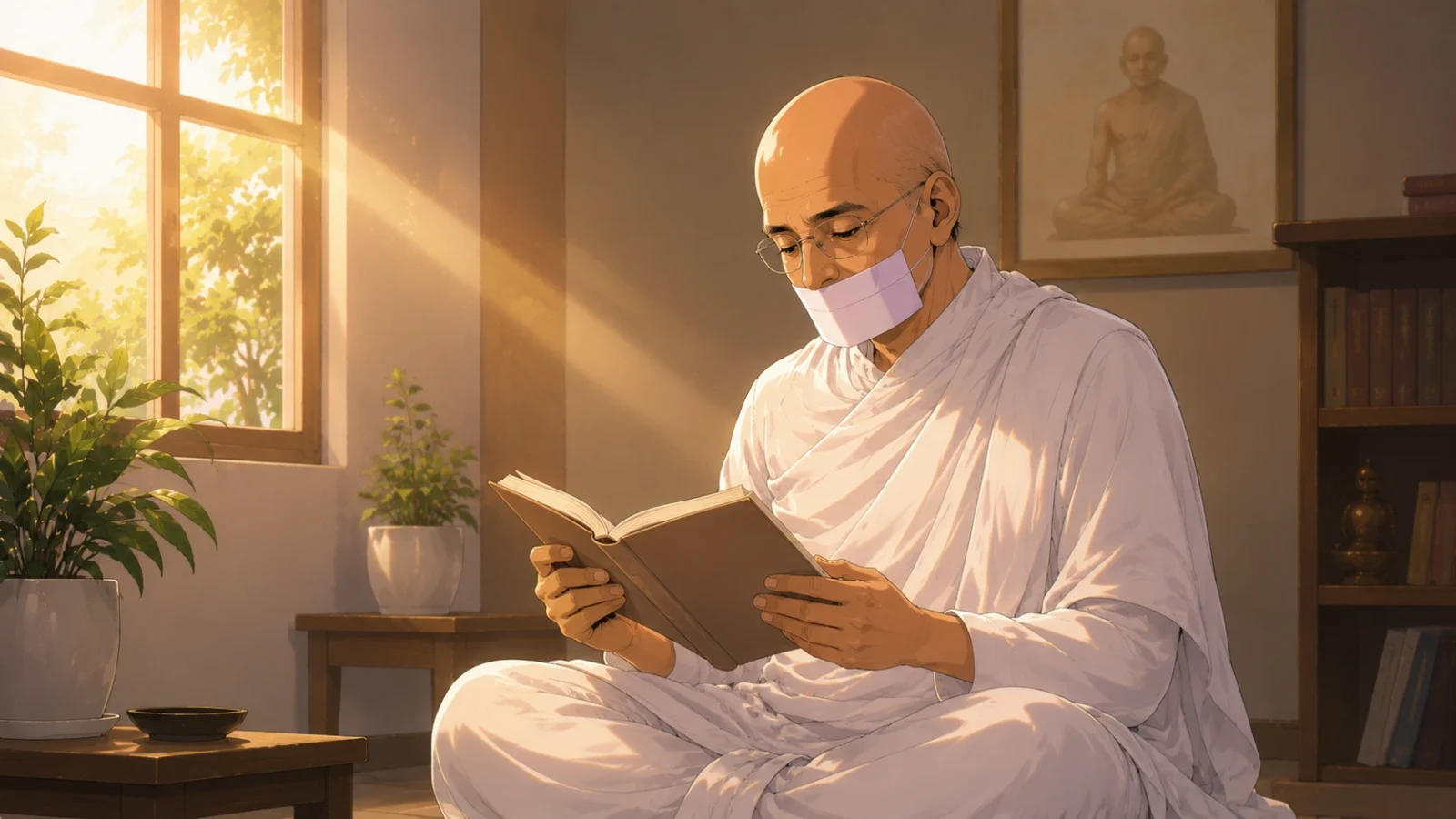 Acharya Tulsi reading a book in peaceful meditation room