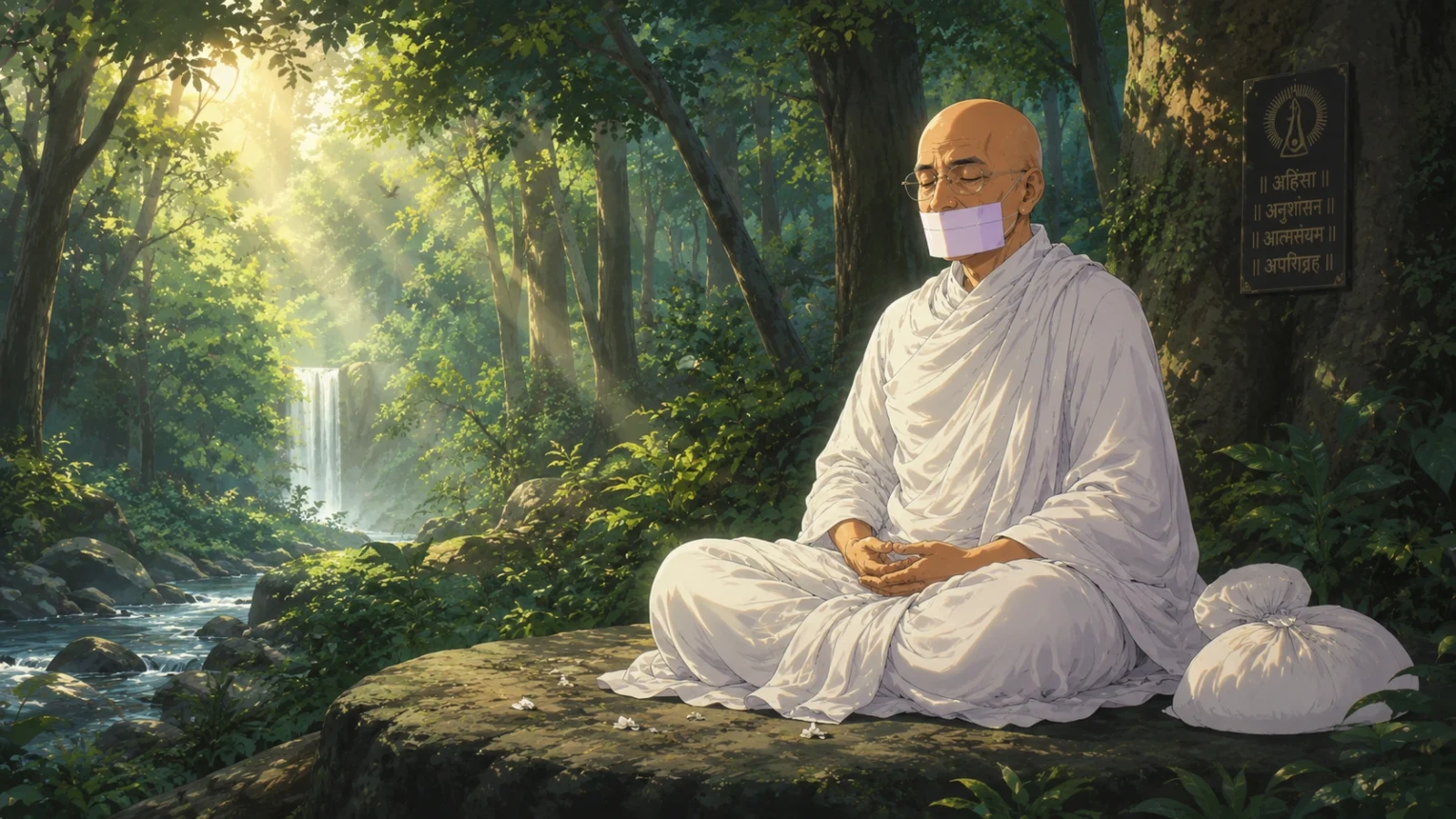 Acharya Tulsi meditating peacefully in a dense forest