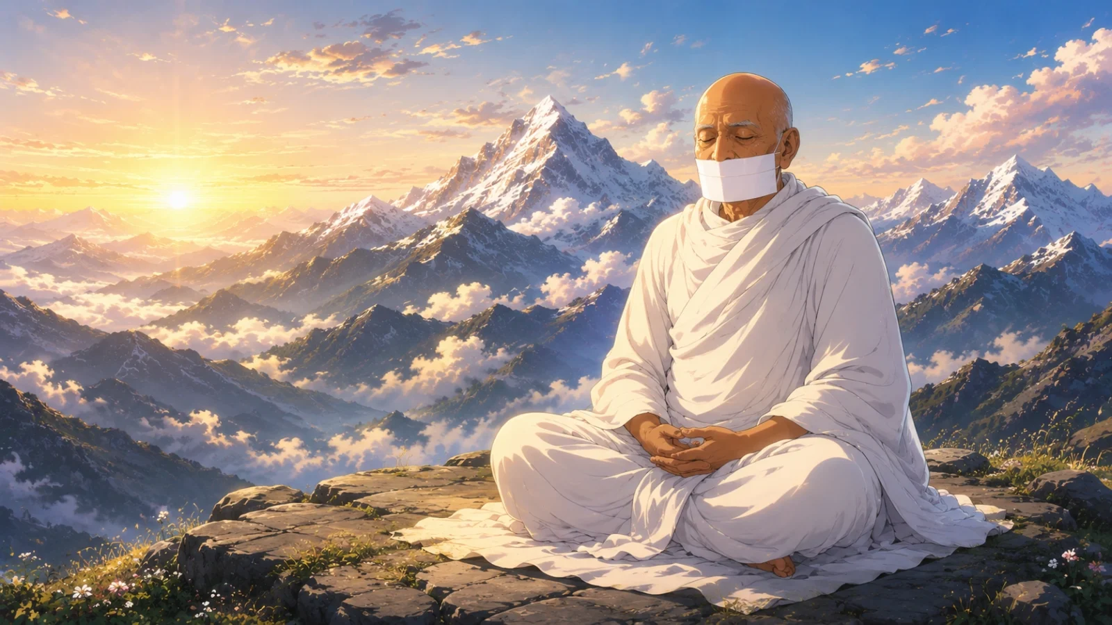 Acharya Tulsi meditating peacefully on a mountain peak