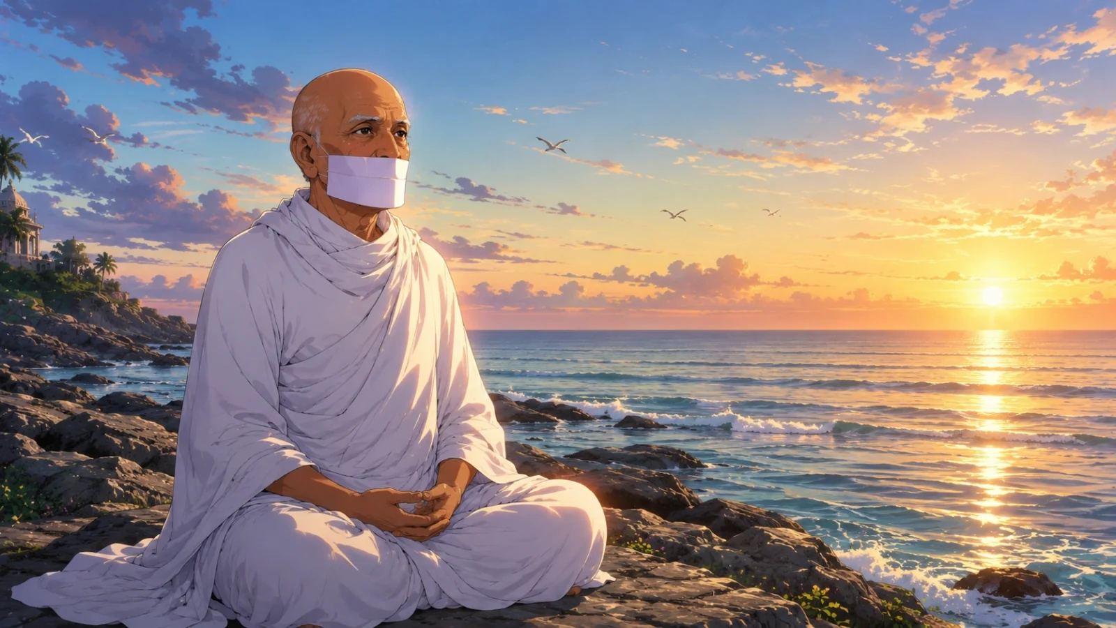 Acharya Tulsi meditating beside the sea at sunset