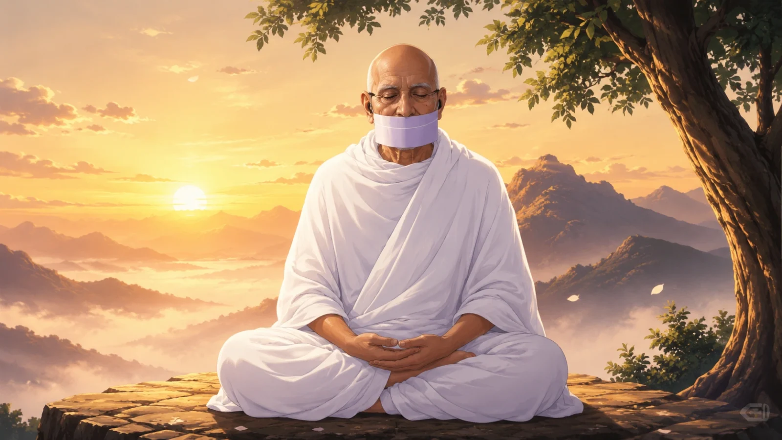 Acharya Tulsi meditating peacefully at sunrise, dressed in white Jain monk robes