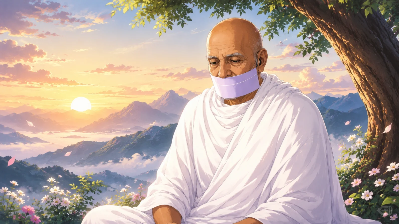 Acharya Tulsi in deep meditation, wearing traditional white Jain monk robes and a muhpatti