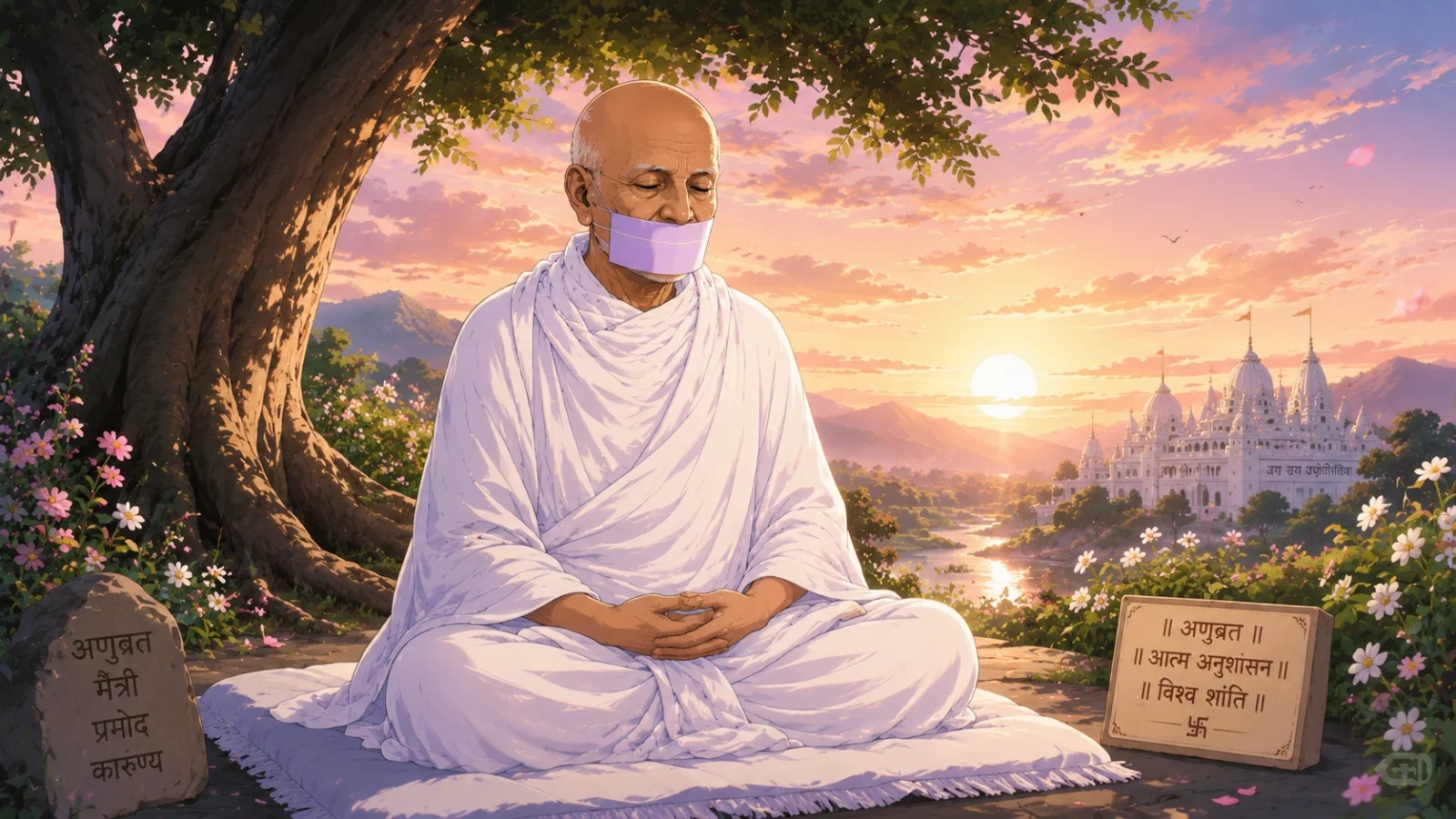 Acharya Tulsi meditating peacefully beneath a large tree at sunrise