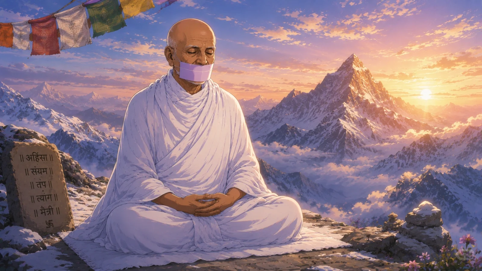 Acharya Tulsi meditating peacefully on a Himalayan mountain peak