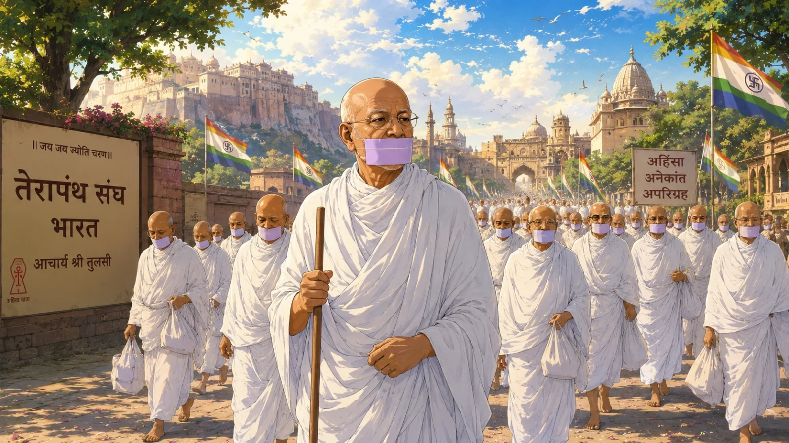 Acharya Tulsi leading the Terapanth Sangh across India, walking at the front of a large procession of Jain monks