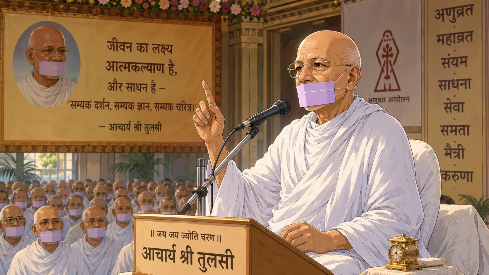 Acharya Tulsi delivering an inspiring spiritual discourse, dressed in traditional white Jain monk