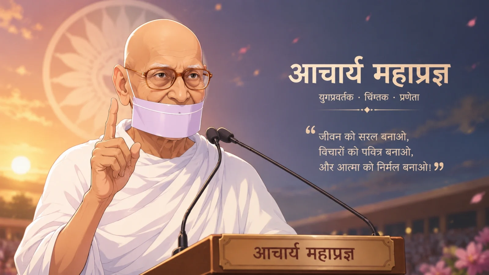 Acharya Mahapragya delivering a spiritual speech from a podium