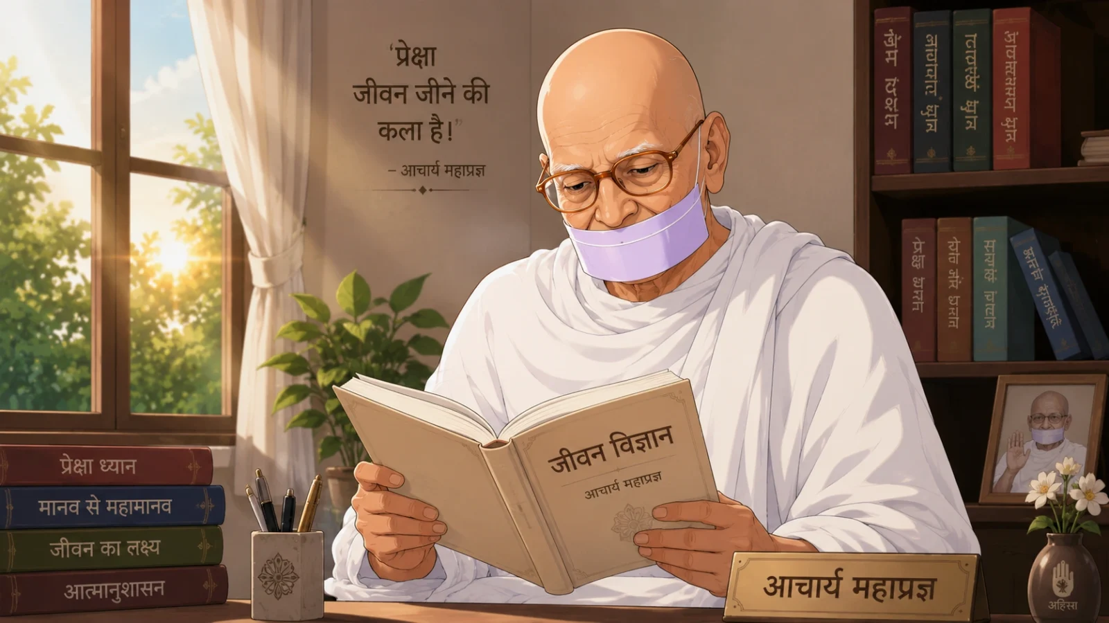 Acharya Mahapragya peacefully reading a book in a serene study room