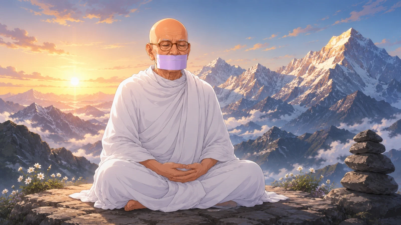 Acharya Mahapragya meditating peacefully on a mountain peak at sunrise, wearing white Jain monk robes