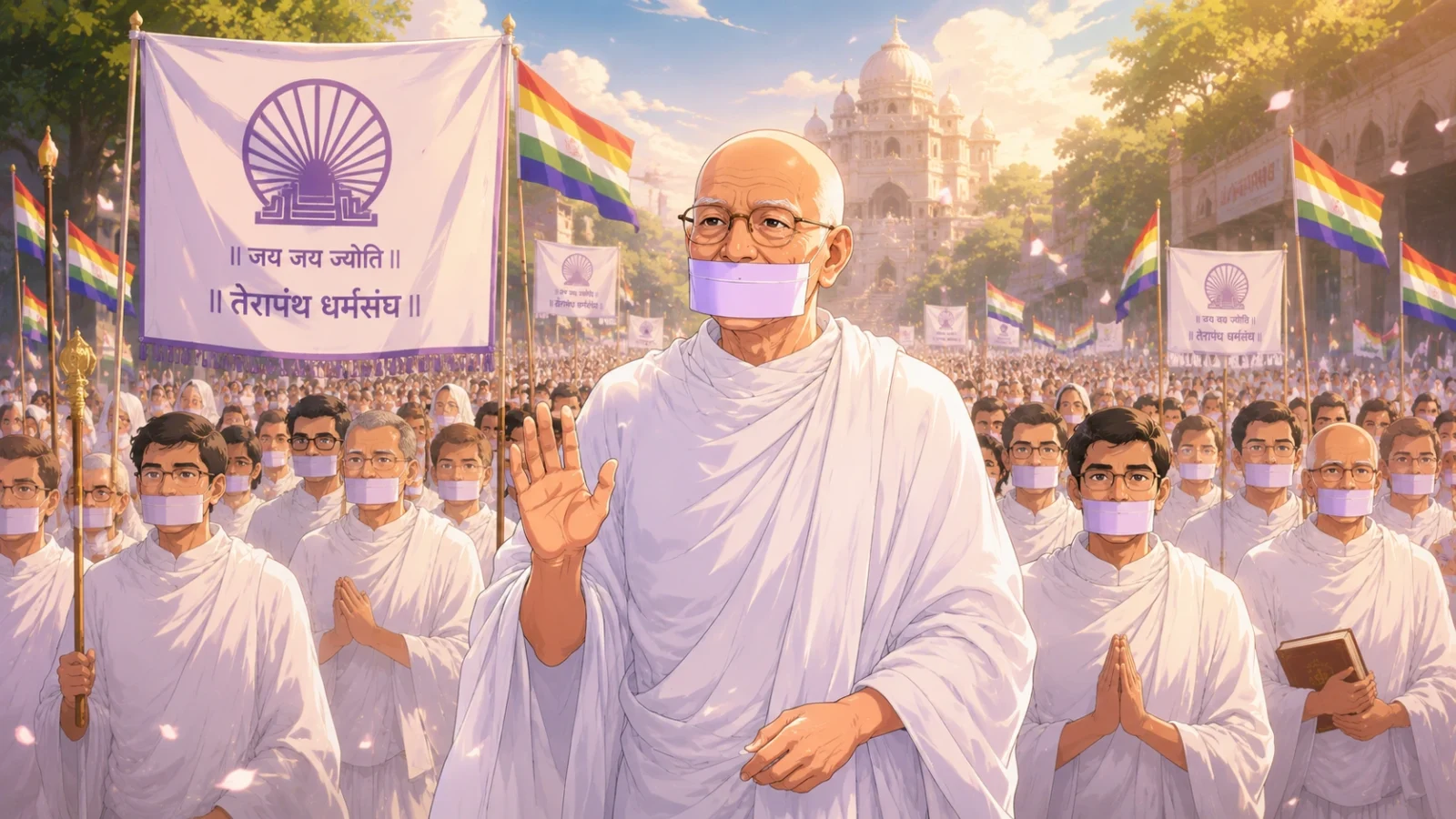 Acharya Mahapragya leading the Terapanth Jain community, walking peacefully among followers in white robes