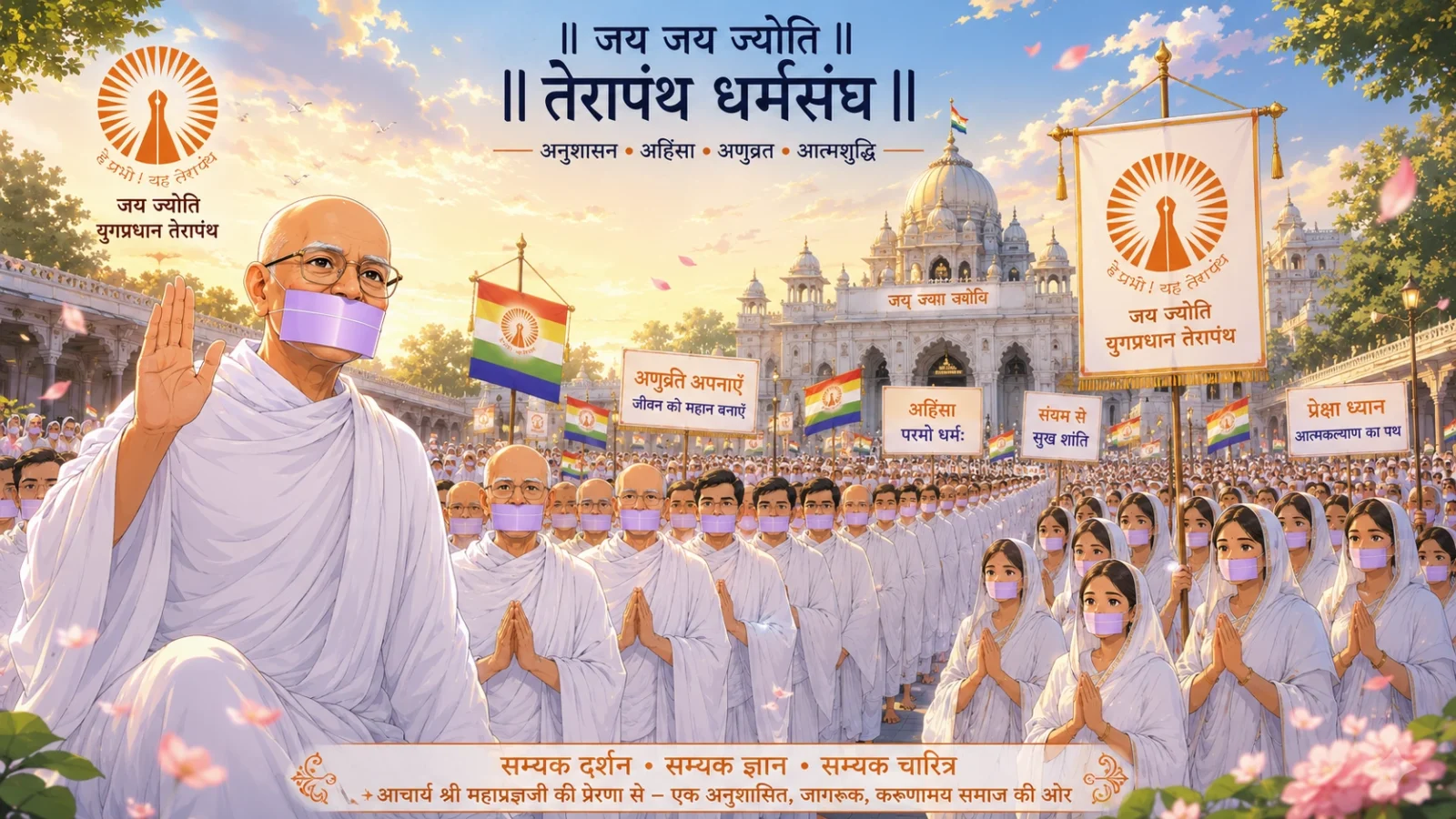 Acharya Mahapragya leading a large gathering of monks, nuns, and devotees in white robes
