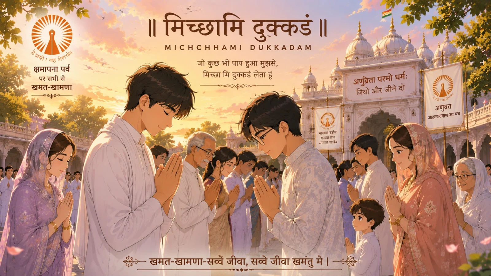 Jain Shravaks and Shravikas performing Michhami Dukkadam during Paryushan